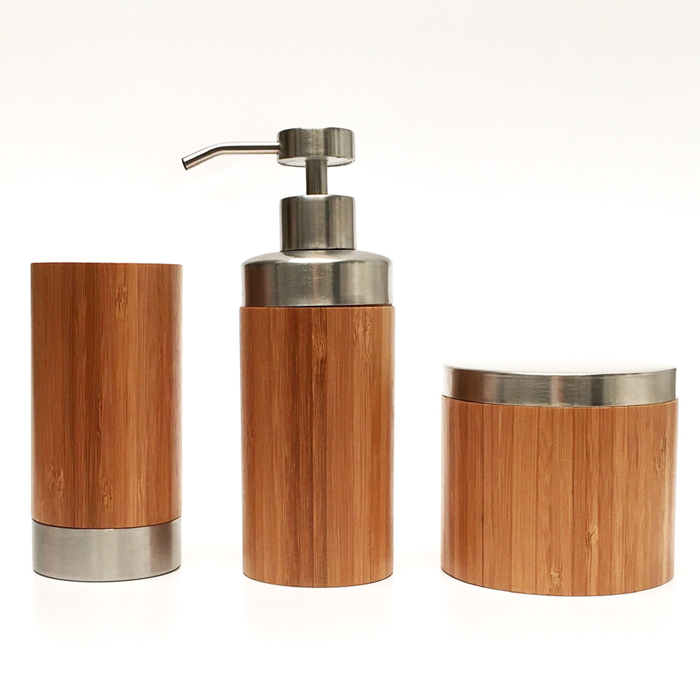 Set de baño bambú y acero mate - 3 piezas