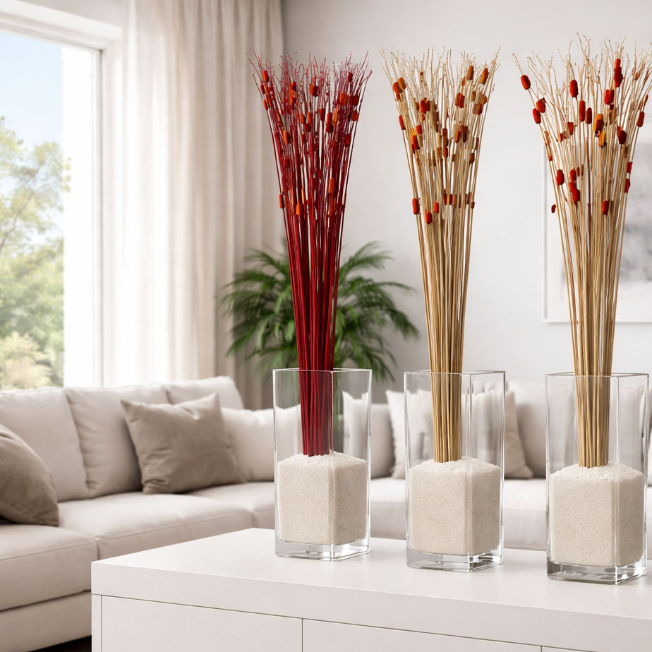 Flores Varas decorativas disecadas - Buri con hojas y madera