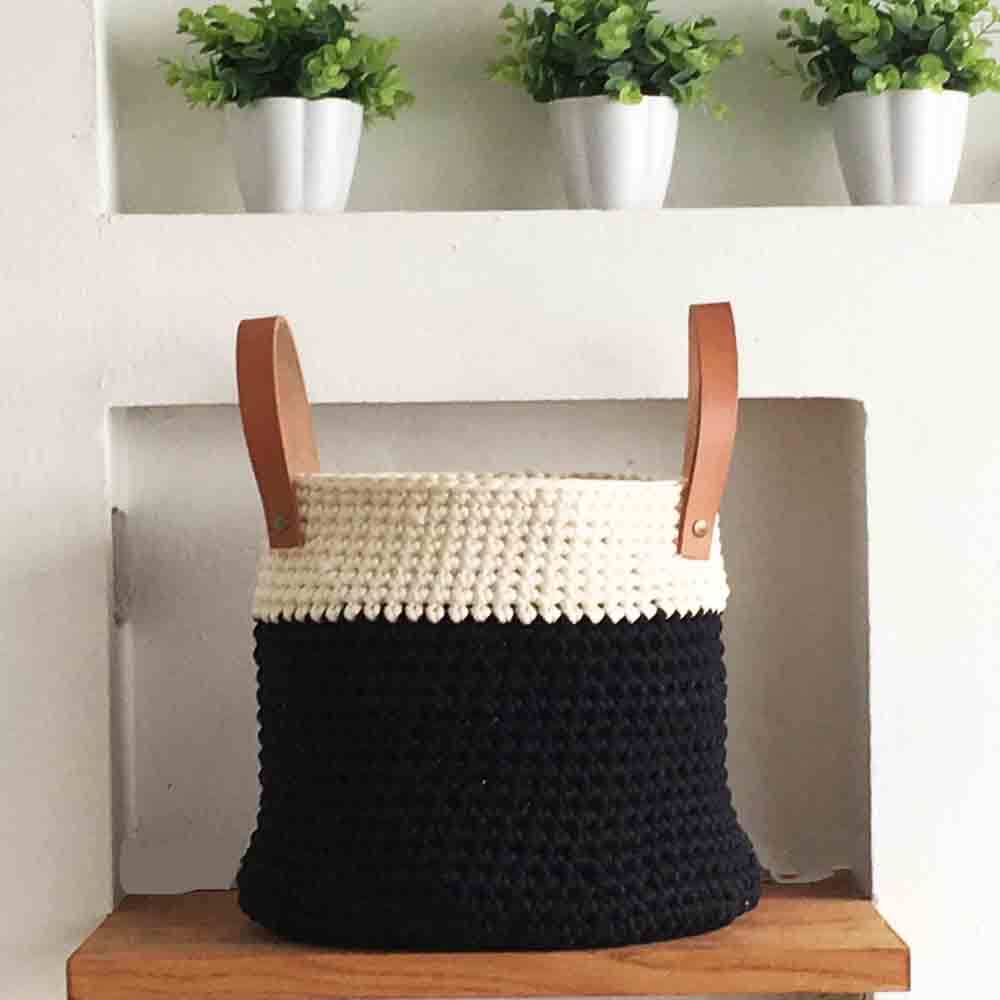 Cesto TEJIDO NORDICO con Cuero B&W Grande 30 cm