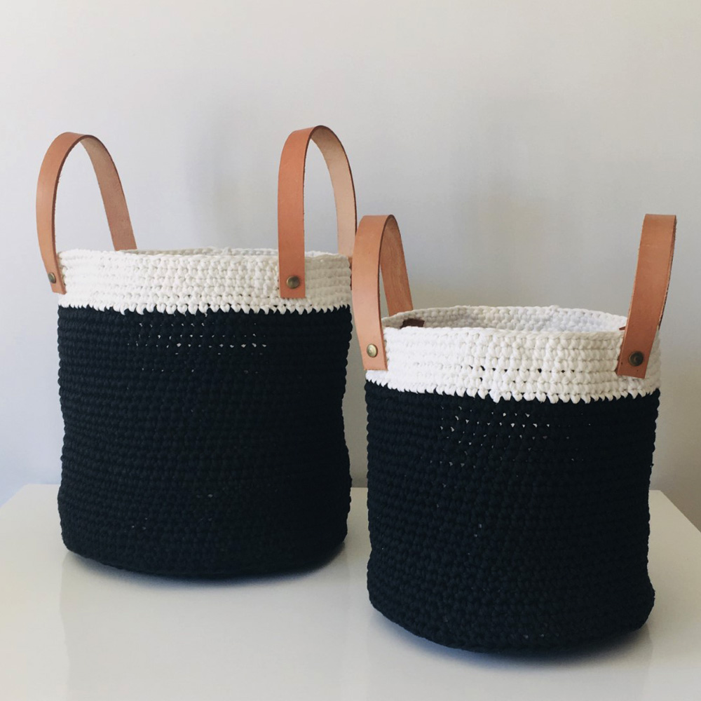 Cesto TEJIDO NORDICO con Cuero B&W Grande 30 cm - Imagen 2